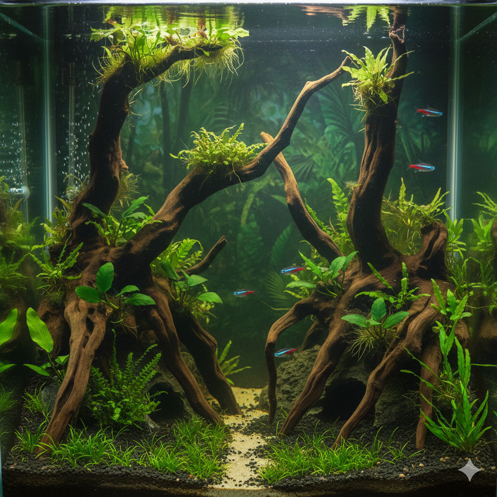 Un aquarium avec des poissons décoré avec des racines de bois flotté