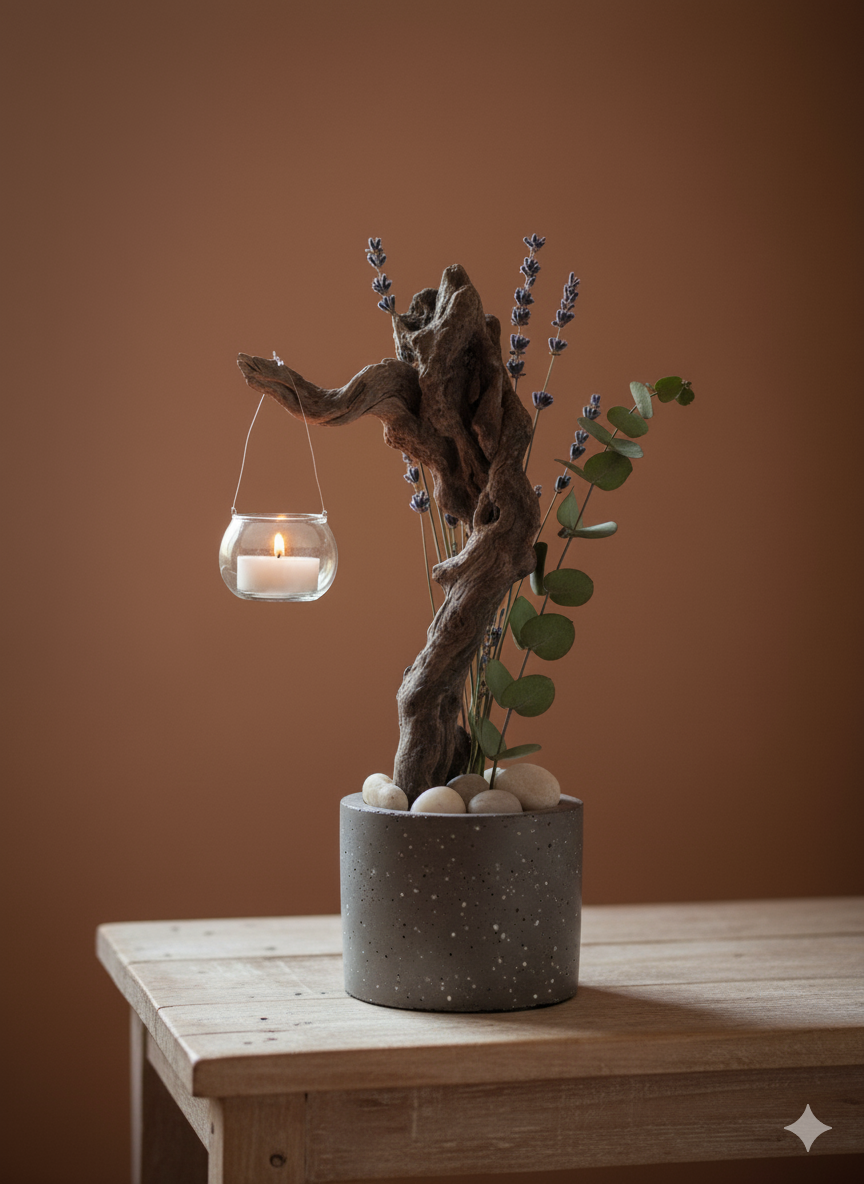 Un terrarium avec du bois flotté en décoration