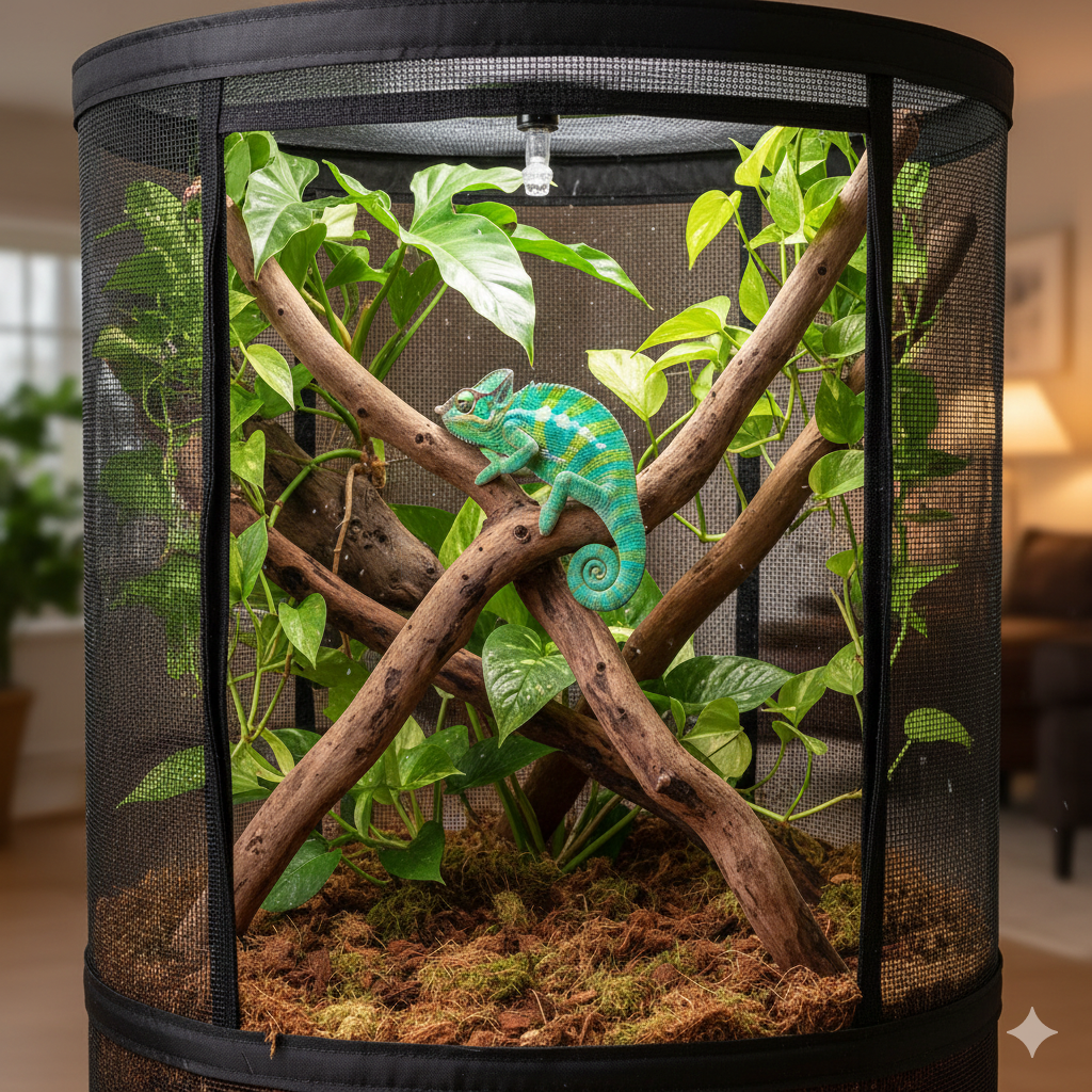 Un caméléon dans un flexarium décoré de bois flotté