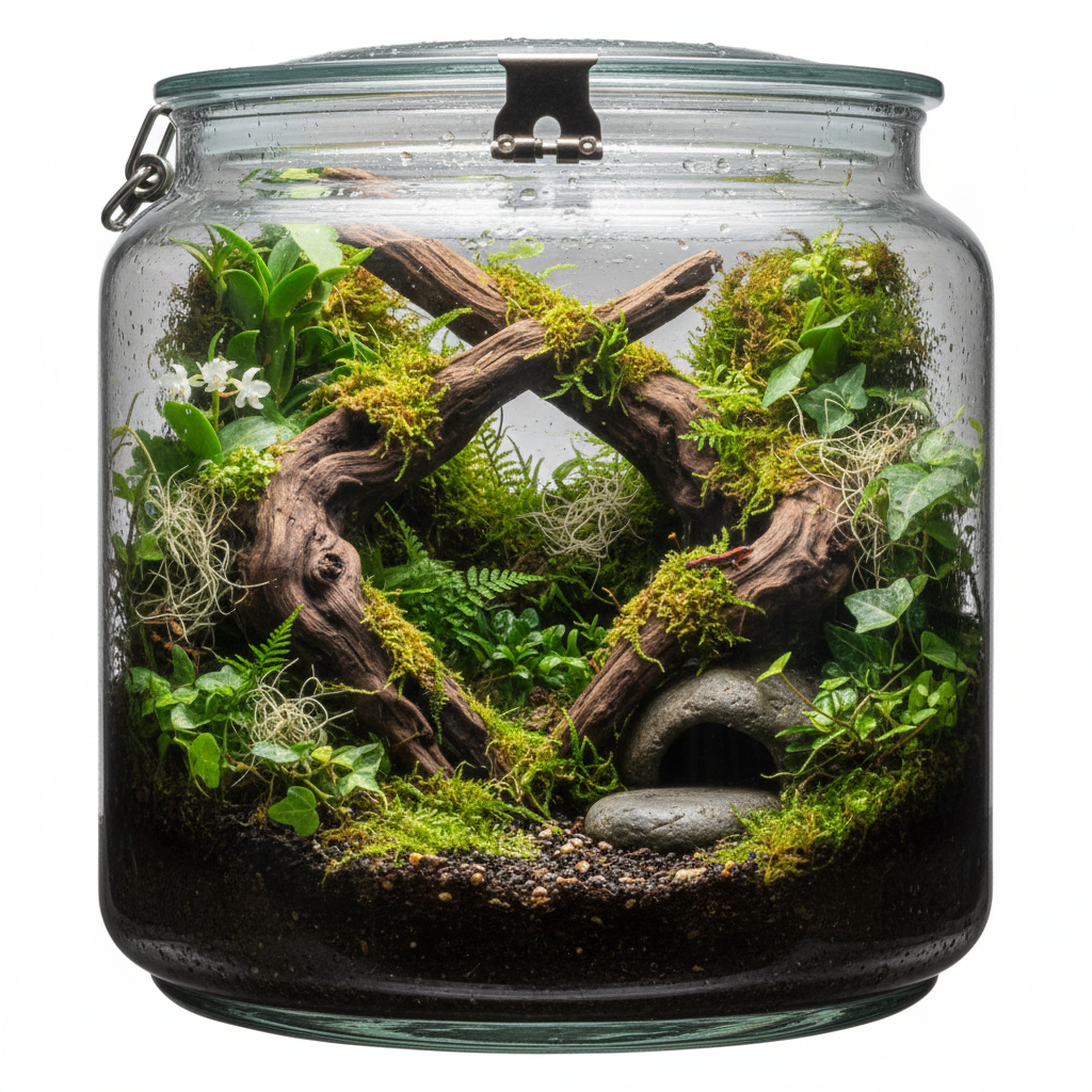 Un terrarium avec du bois flotté en décoration
