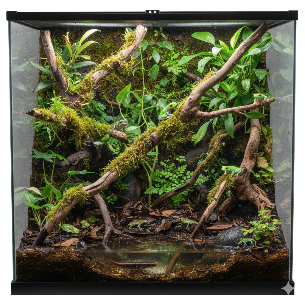 Un vivarium avec du bois flotte naturel et brut
